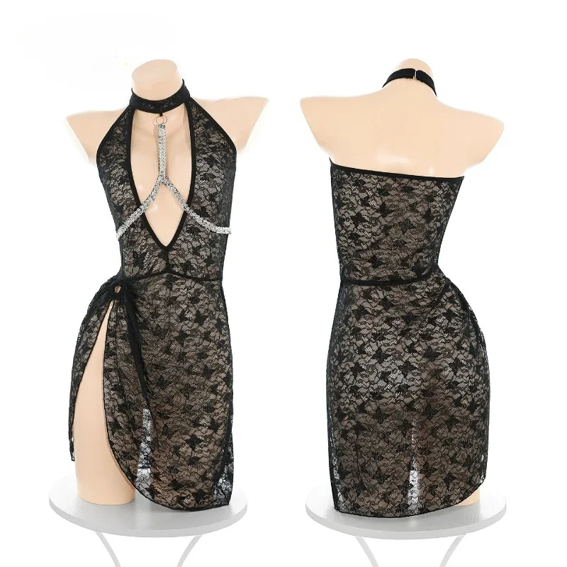 Babydoll Chemise Night - 에로틱한 풀 레이스 란제리 드레스, 체인