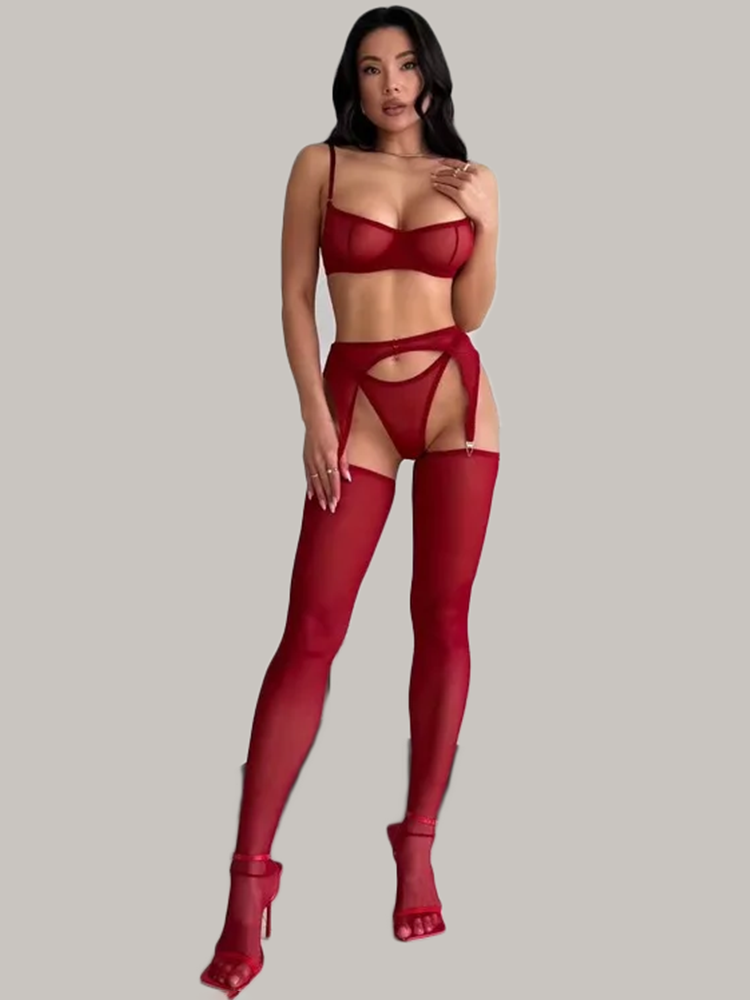 Garter Belt Set - 여성용 버건디 색상 시스루 란제리 세트:
